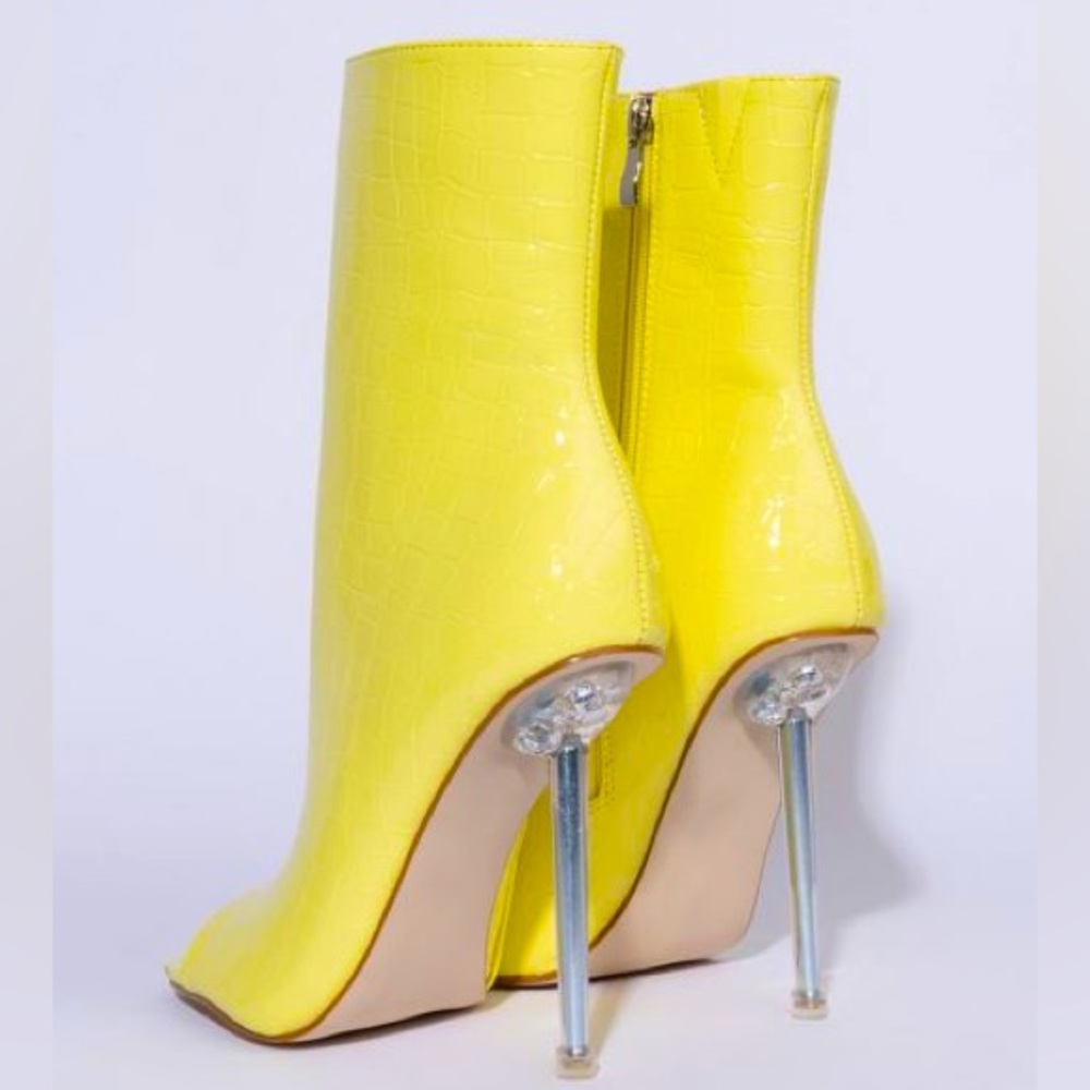 Yellow Croc Embossed Patent Leather Open Toe Stiletto Boots - Picture 3 of 5